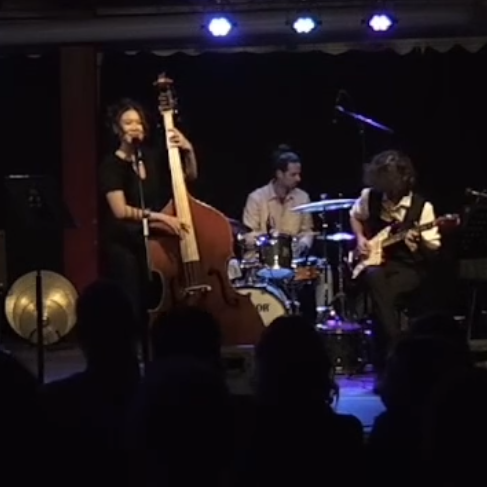 Xiao playing double bass and singing with her band on stage